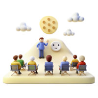 3D Illustration of a Speaker Addressing an Audience on a Hilltop with a Smiling Plug and a Moon png