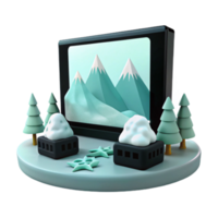 Winter Wonderland Scene with Snowy Buildings and Mountain Landscape png