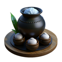 Ceramic Pot with White Cream and Three Small Pots on Wooden Tray png