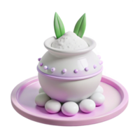 3D Render of a Traditional Pot with Green Leaves and White Eggs png