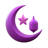 Purple Crescent Moon, Star, and Lantern 3D Render png