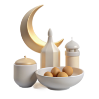 3D Render of Crescent Moon, Mosque, and Eggs in a Bowl png
