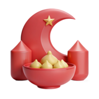 3D Rendering of a Crescent Moon and Star with a Bowl of Dumplings png