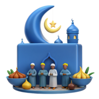 3D Illustration of People Praying in Front of a Mosque with a Crescent Moon and Star png