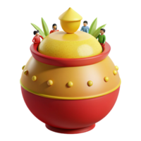3D Render of a Clay Pot with a Yellow Lid and Tiny People on Top png