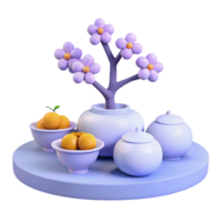 3D Render of Purple Tabletop with Flower Tree, Bowls, and Jars png