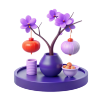 3D Render of a Festive Arrangement with Flowers, Lanterns, and Fruit png