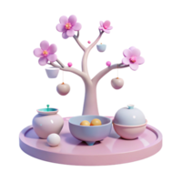 3D Rendered Scene with Blooming Tree and Decorative Items png