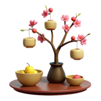 3D Illustration of a Blooming Branch with Pink Flowers and Hanging Pots on a Table png