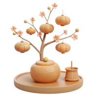 3D Render of a Decorative Tree with Lanterns and Flowers png