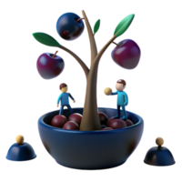 3D Render of a Small Tree with Blue Fruit and Tiny People png