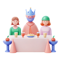 3D Illustration of a King, Queen, and Jester at a Table Setting png