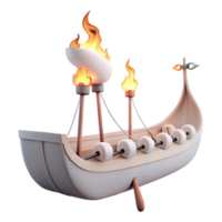 3D Render of a Wooden Boat with Flaming Torches png