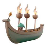 3D Cartoon Boat with a Small Figure and Torches png