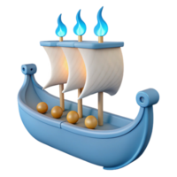 3D Render of a Blue Boat with White Sails and Flames png
