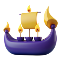 3D Cartoon Purple Boat with Yellow Sail and Flames png