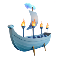 3D Render of a Blue Viking Ship with Flaming Torches png