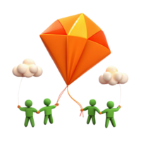 Teamwork, Collaboration, and Shared Dreams Four Figures Holding Up a Large Orange Kite png