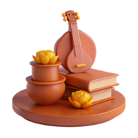 3D Render of a Traditional Indian Instrument with Flowers and Books png