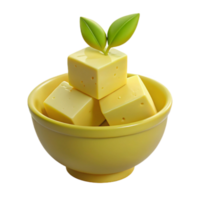 Fresh Cheese Cubes in Yellow Bowl with Green Leaves png