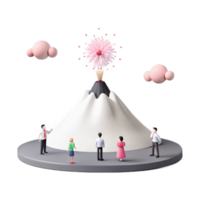 3D Miniature Mountain Scene with Erupting Volcano and Tiny Figures png