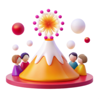 Colorful 3D Illustration of a Festive Volcano with a Ferris Wheel on Top and Surrounding Figures png