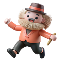3D Cartoon Character with Hat and Beard Running with a Stick png