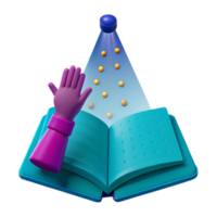 3D Illustration of an Open Book with a Hand Reaching Up and a Spotlight Shining Down png