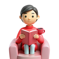3D Cartoon Character Relaxing in a Pink Armchair and Reading a Book png