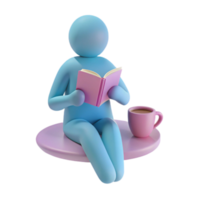 3d render do uma pessoa sentado e lendo uma livro com uma copo do café png