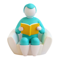 3D Cartoon Character Relaxing in a Chair Reading a Book png