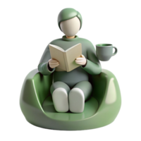 3D Illustration of a Person Relaxing in a Green Chair, Reading a Book and Enjoying a Cup of Coffee png