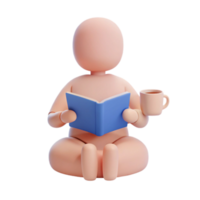 3D Character Reading a Book and Drinking Coffee png