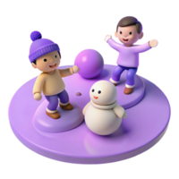 Playful 3D Characters Enjoying Winter Fun with a Snowman png
