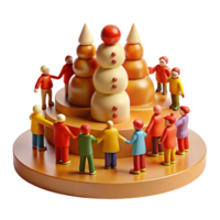 Colorful Toy Figures Surrounding a Snowman and Stacked Cones png