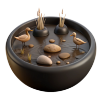 3D Render of a Small Pond with Two Birds and Rocks png