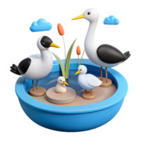 3D Illustration of Four Birds in a Pond with Clouds - 3D Render png