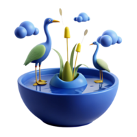 3D Rendered Scene of Two Birds in a Pond with Clouds png