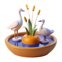 3D Render of Two Ducks in a Pond with Cattails png