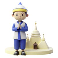 3D Render of a Cartoon Person in Traditional Clothing Bowing in Front of a White Pagoda png
