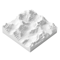 3D topographic map model with contour lines of mountain terrain, showcasing elevation details in white, on a transparent background. png