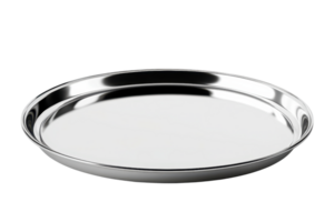 A shiny, empty stainless steel serving tray with a reflective surface, isolated on a transparent background. Ideal for kitchen and food-related photos. png
