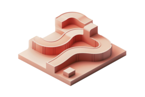 Abstract 3D render of a pastel pink geometric structure with curving pathways and layered design on a flat base. png