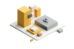 Abstract 3D geometric shapes and blocks in yellow, white, and gray on a transparent background. minimalistic and modern design. png