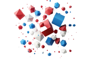 Abstract 3D geometric shapes in red, white, and blue colors, creating a dynamic and colorful digital artwork. png