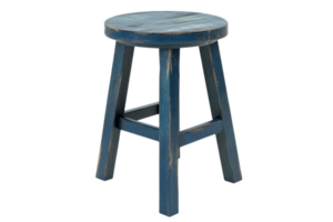 Blue wooden stool with a round seat and three legs. Perfect for home decor, rustic settings, or casual seating. png