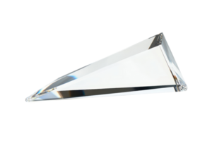 Close-up of a clear glass prism on a transparent background. showcasing its sharp edges and sleek design, perfect for science and art illustrations. png