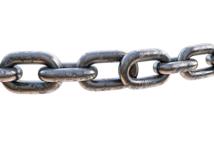Close-up of a sturdy metal chain link isolated on transparent background. symbolizing strength, connection, and security. png