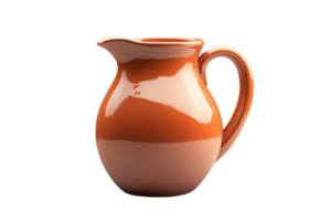 Elegant brown ceramic jug with curved handle and smooth finish isolated on transparent background. Perfect for kitchen and dining decor. png