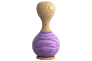 Elegant hourglass-shaped wooden object with a smooth surface and purple accent, showcasing minimalist design and craftsmanship. png